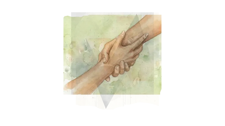 Ilustracion en acuarela de dos manos sostenidas con cuidado, simbolo de apoyo y acompanamiento